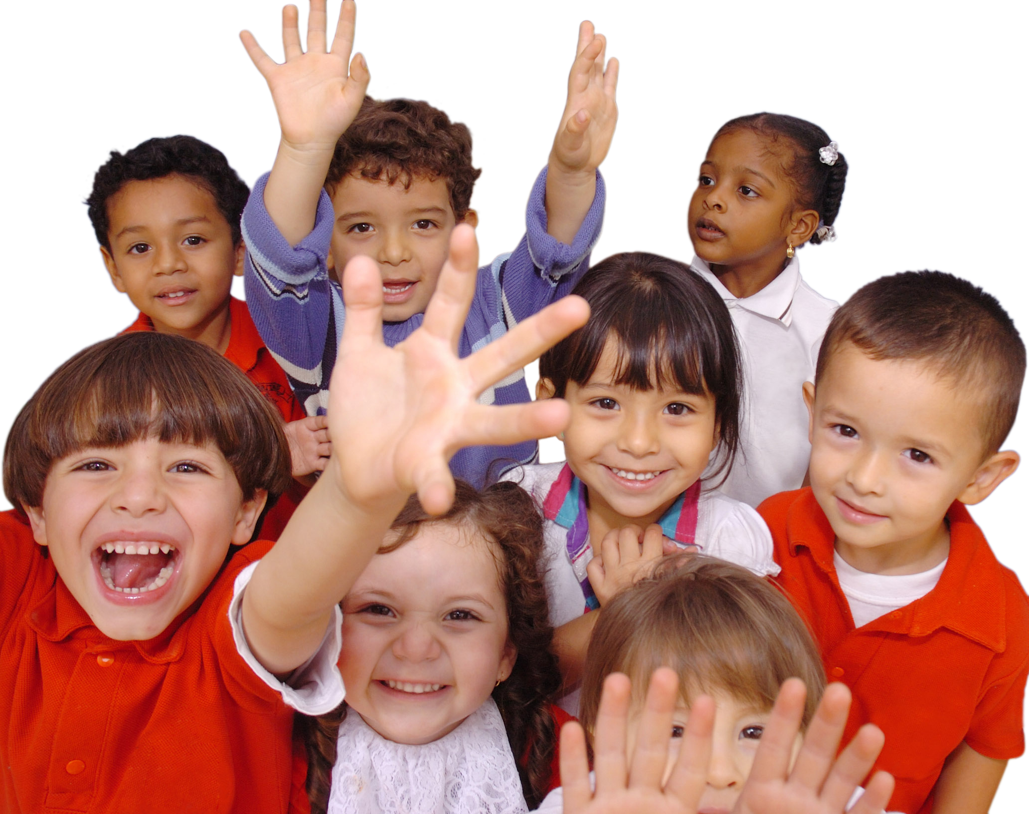 young students smiling and raising their hands towards the camera