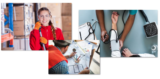A photo collage of a young woman working in a warehouse, a young man studying construction blue prints, and an image of healthcare professionlas checking blood pressure.
