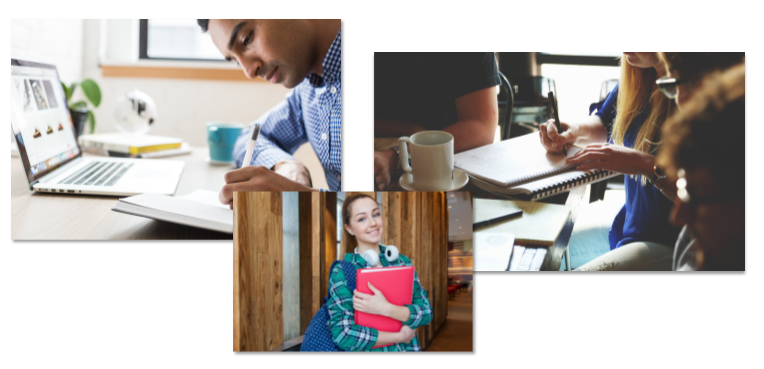 A collage of three images. In the left image a young man works on his laptop. In the center image a female highschool student poses for a picture while holding a textbook. In the right image a group of student study togther at a coffee shop. 