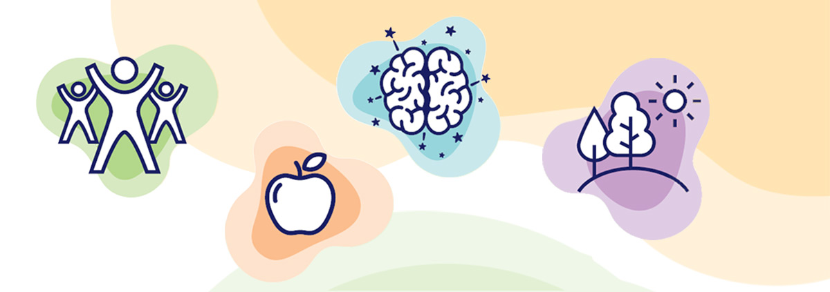 Images representing activity, healthy eating, brain activity and the outdoors