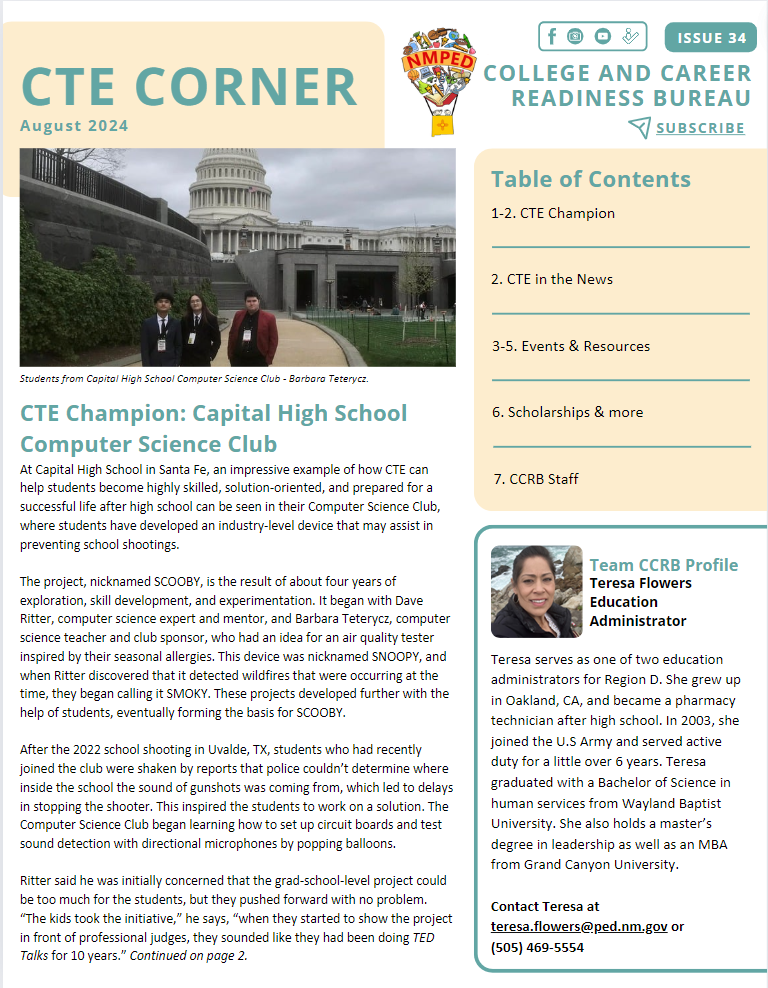 Cover of August CTE Corner Newsletter