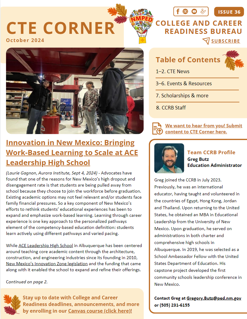 Cover of October CTE Corner Newsletter