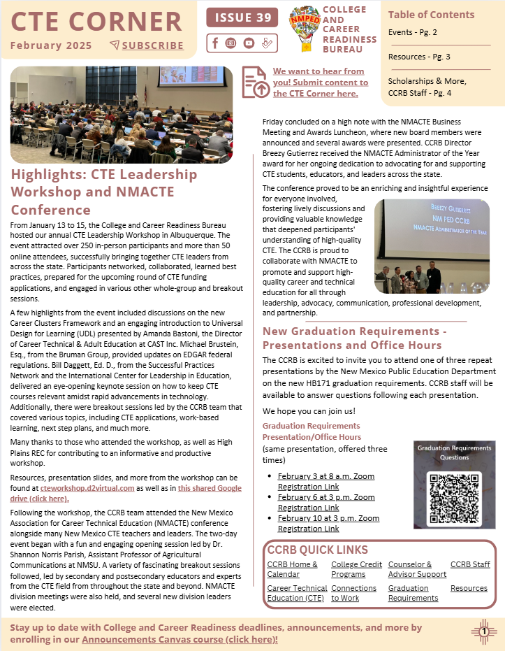 Cover of February 2025 CTE Corner Newsletter